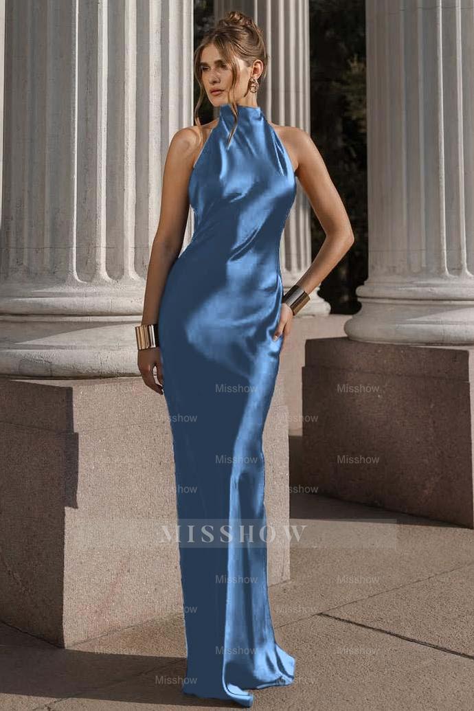 Halter Sleeveless Backless Mermaid Long Formal Dress With Pleated