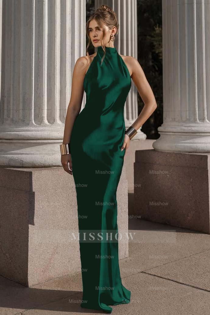 Halter Sleeveless Backless Mermaid Long Formal Dress With Pleated