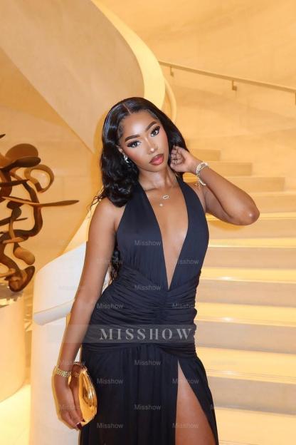 Halter Sleeveless Deep V Neck Long Split Formal Dress With Pleated