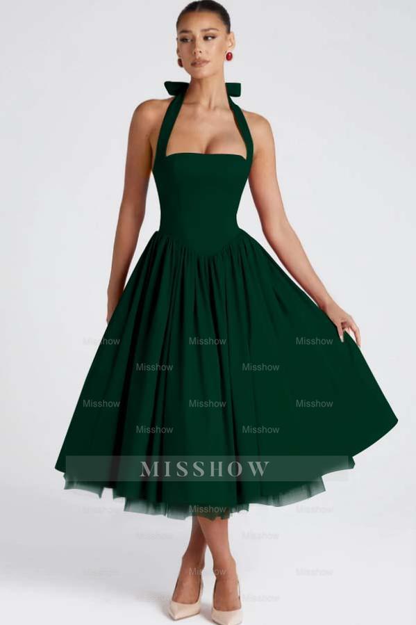 Halter Sleeveless Long A Line Formal Dress With Pleated Tulle