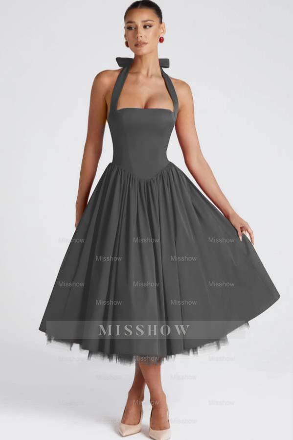 Halter Sleeveless Long A Line Formal Dress With Pleated Tulle