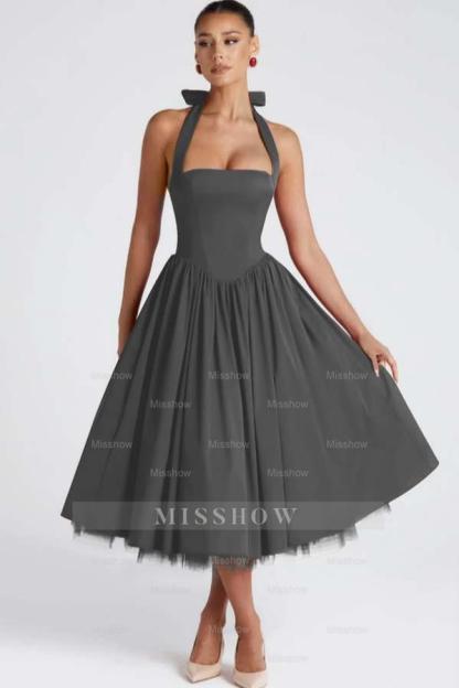 Halter Sleeveless Long A Line Formal Dress With Pleated Tulle