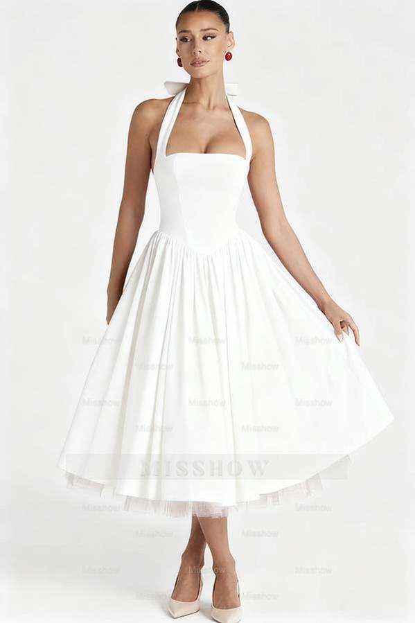 Halter Sleeveless Long A Line Formal Dress With Pleated Tulle