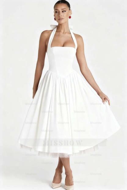 Halter Sleeveless Long A Line Formal Dress With Pleated Tulle