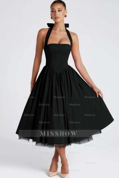Halter Sleeveless Long A Line Formal Dress With Pleated Tulle