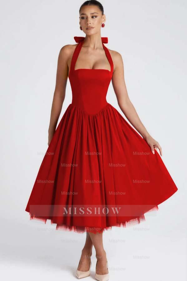 Halter Sleeveless Long A Line Formal Dress With Pleated Tulle