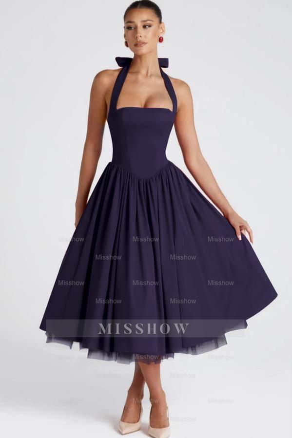 Halter Sleeveless Long A Line Formal Dress With Pleated Tulle