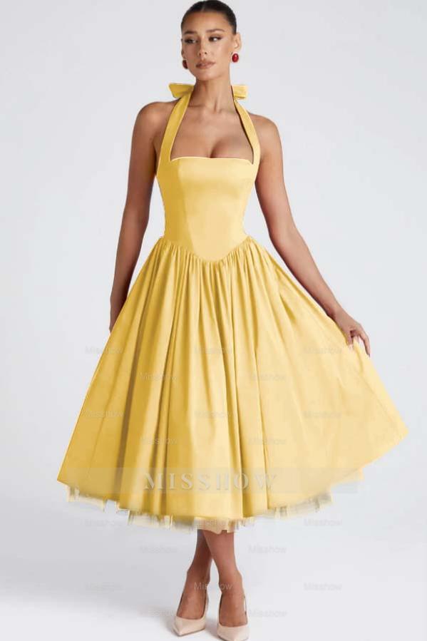 Halter Sleeveless Long A Line Formal Dress With Pleated Tulle