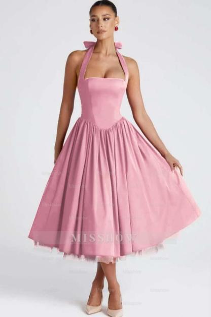 Halter Sleeveless Long A Line Formal Dress With Pleated Tulle