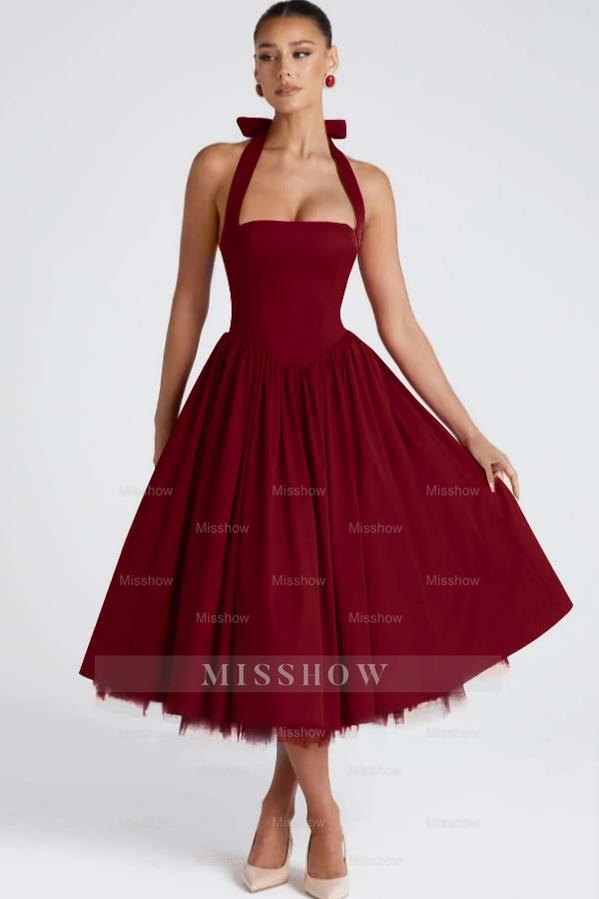 Halter Sleeveless Long A Line Formal Dress With Pleated Tulle
