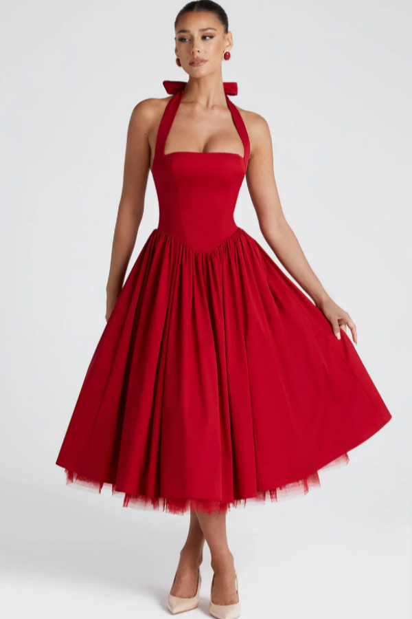 Halter Sleeveless Long A Line Formal Dress With Pleated Tulle