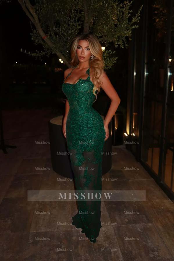 Halter Sleeveless Long Mermaid Formal Dress With Lace Embroidery