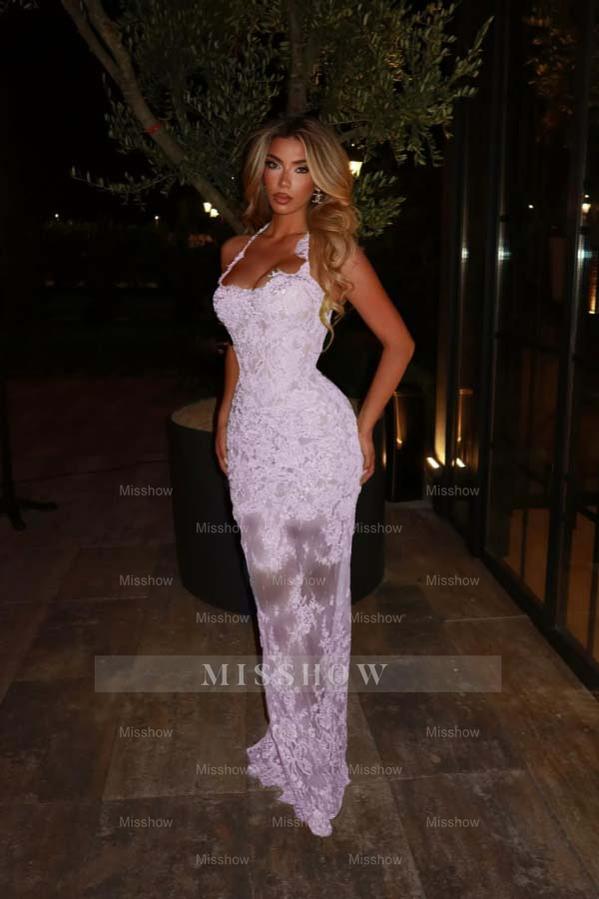 Halter Sleeveless Long Mermaid Formal Dress With Lace Embroidery