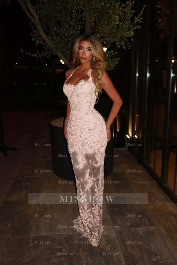 Halter Sleeveless Long Mermaid Formal Dress With Lace Embroidery