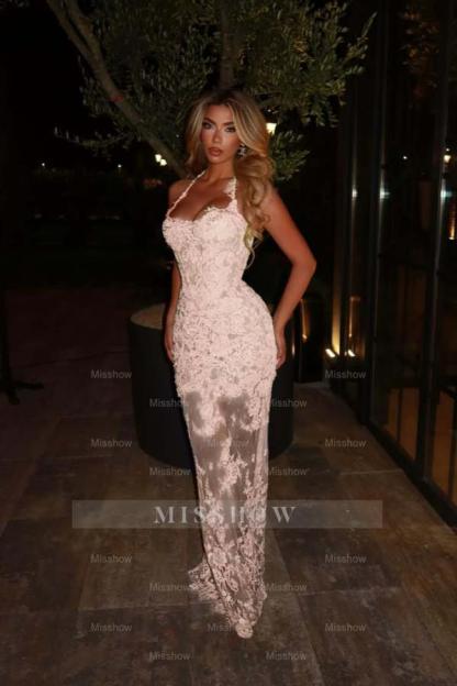 Halter Sleeveless Long Mermaid Formal Dress With Lace Embroidery
