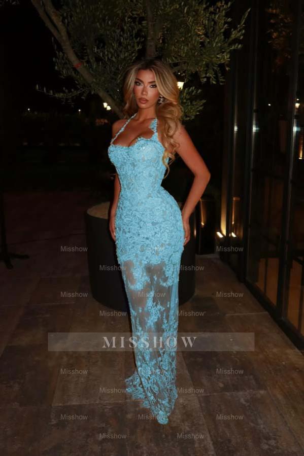 Halter Sleeveless Long Mermaid Formal Dress With Lace Embroidery