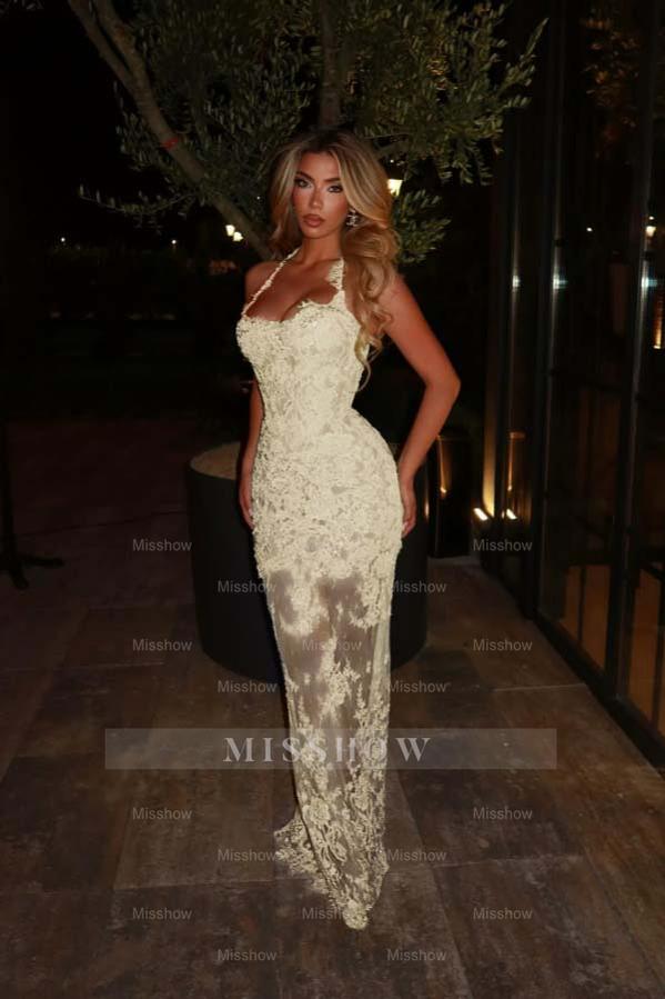 Halter Sleeveless Long Mermaid Formal Dress With Lace Embroidery