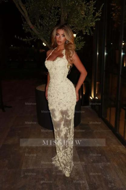 Halter Sleeveless Long Mermaid Formal Dress With Lace Embroidery