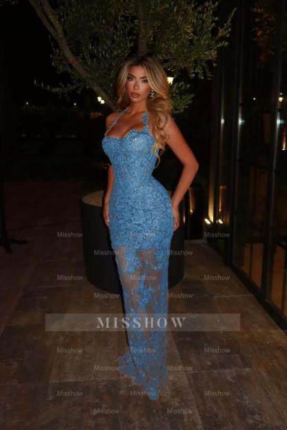 Halter Sleeveless Long Mermaid Formal Dress With Lace Embroidery