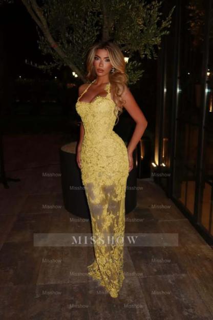 Halter Sleeveless Long Mermaid Formal Dress With Lace Embroidery