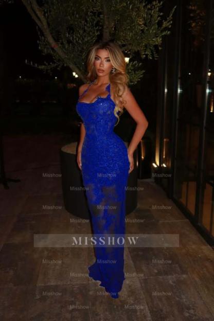 Halter Sleeveless Long Mermaid Formal Dress With Lace Embroidery