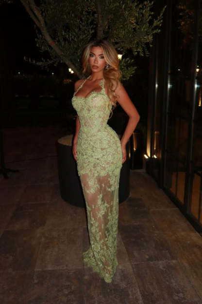 Halter Sleeveless Long Mermaid Formal Dress With Lace Embroidery