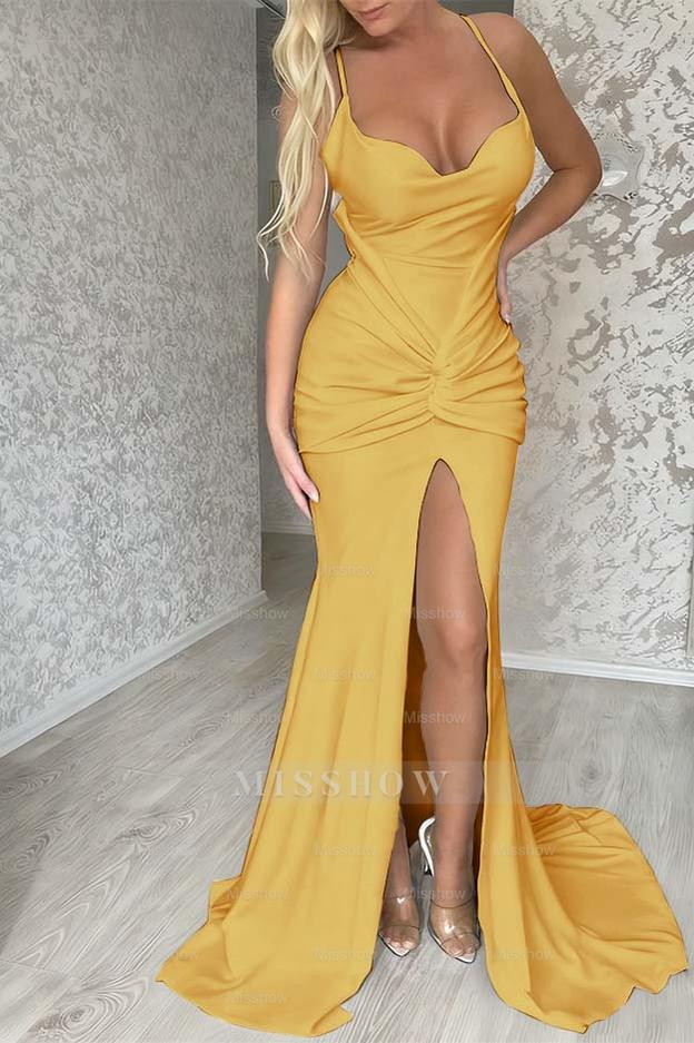 Halter Sleeveless Long Mermaid Formal Dress With Pleated Split