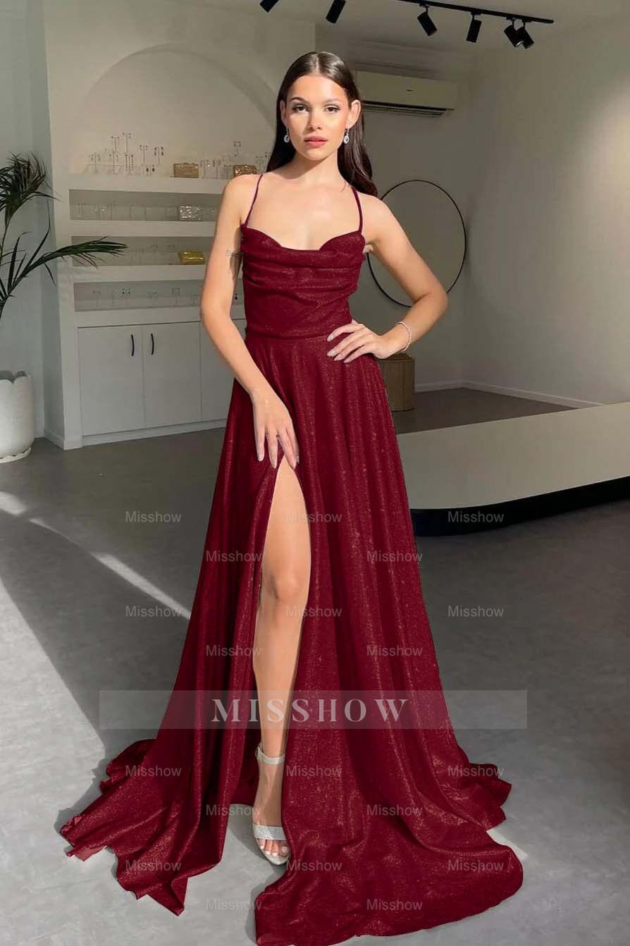 Halter Sleeveless Long Split Formal Dress With Pleated Sequins