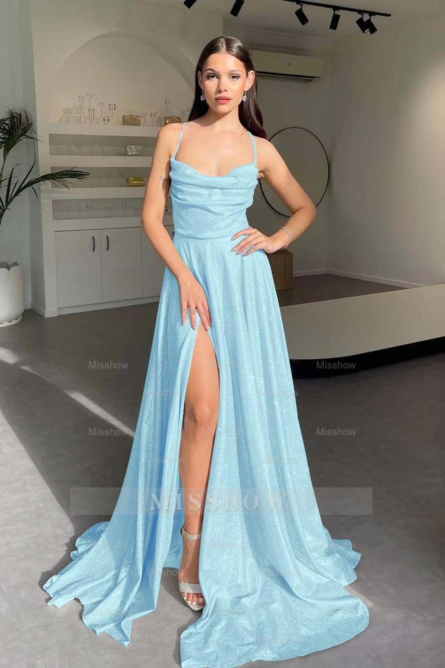 Halter Sleeveless Long Split Formal Dress With Pleated Sequins