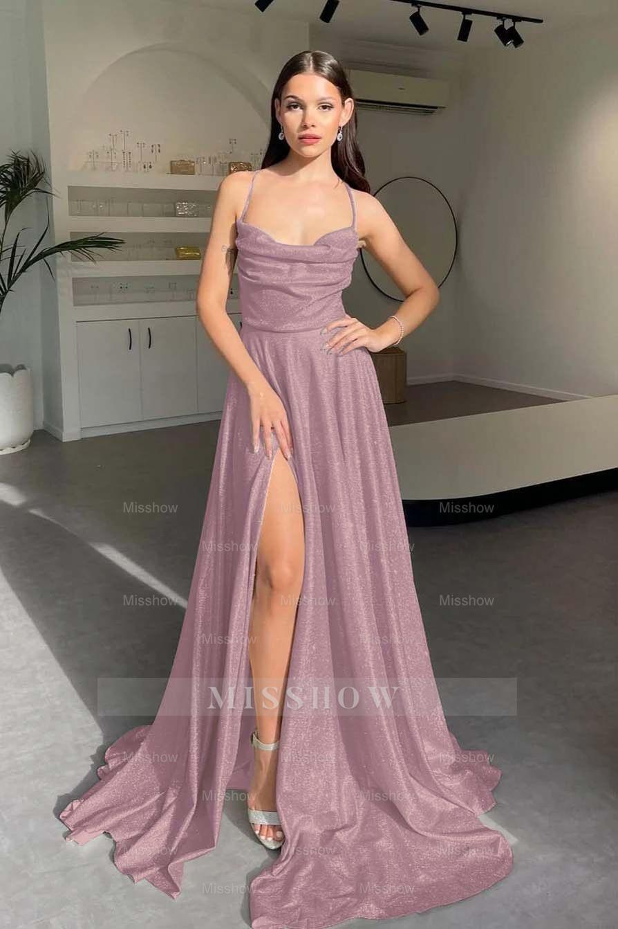 Halter Sleeveless Long Split Formal Dress With Pleated Sequins