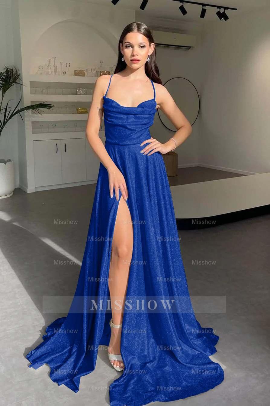 Halter Sleeveless Long Split Formal Dress With Pleated Sequins