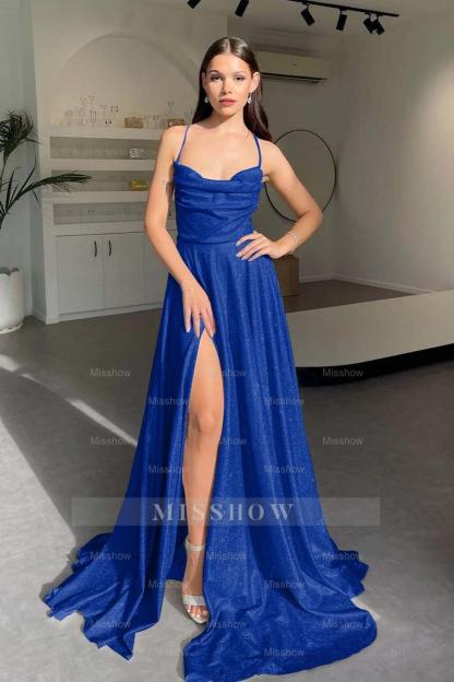 Halter Sleeveless Long Split Formal Dress With Pleated Sequins