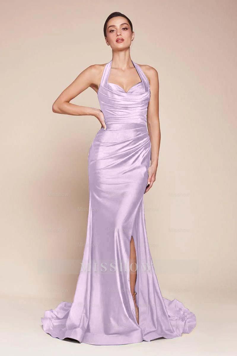 Halter Sleeveless Split Mermaid Long Formal Dress With Pleated