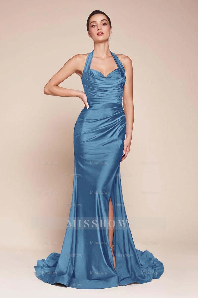Halter Sleeveless Split Mermaid Long Formal Dress With Pleated