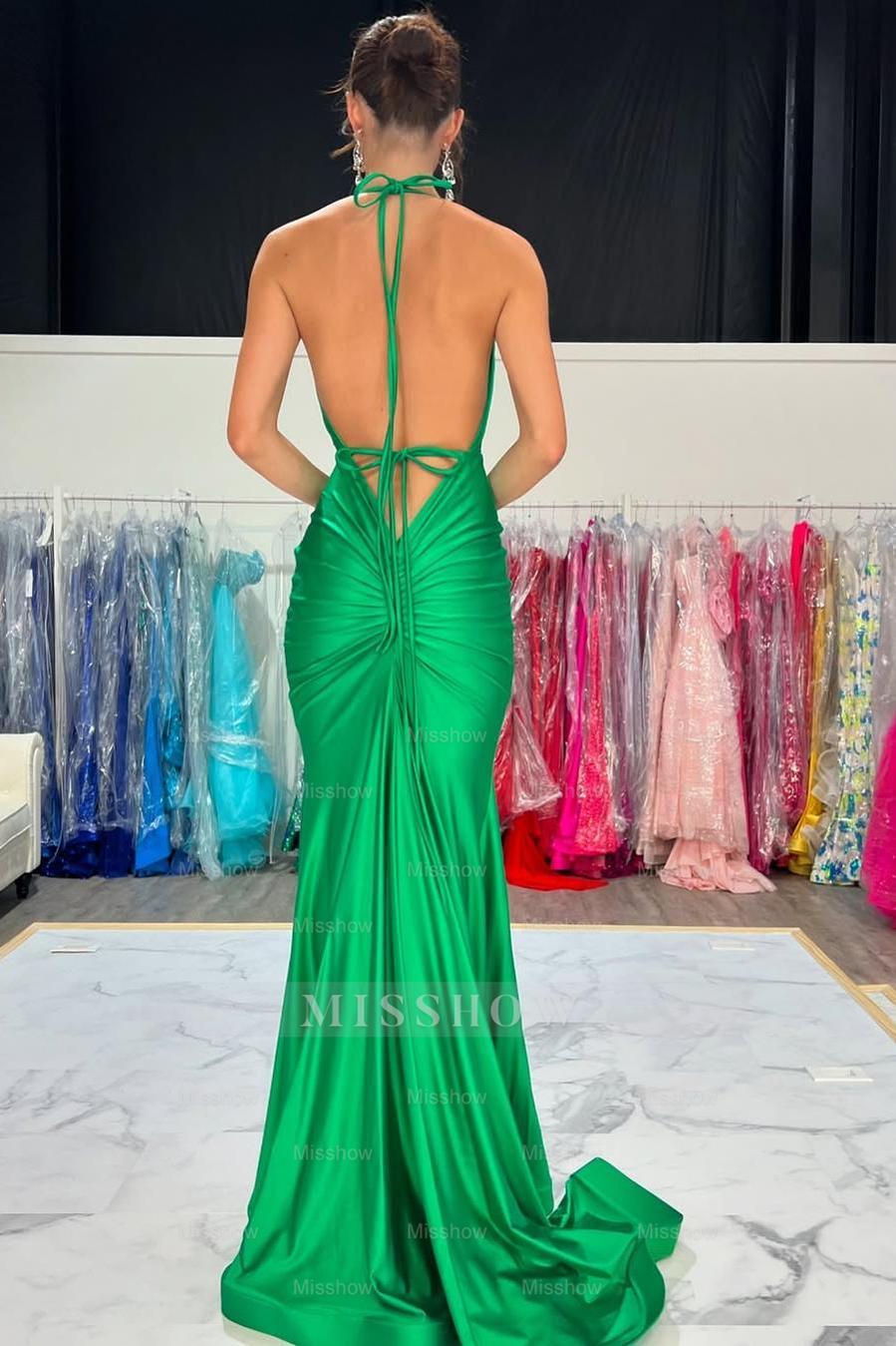 Halter V Neck Sleeveless Backless Mermaid Long Formal Dress With Pleated