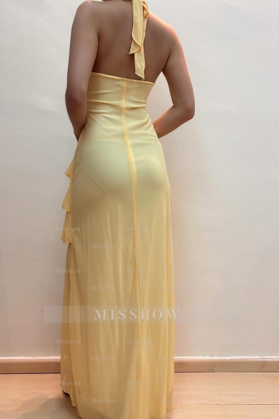 Halter V Neck Sleeveless Long Formal Dress With Pleated Beading