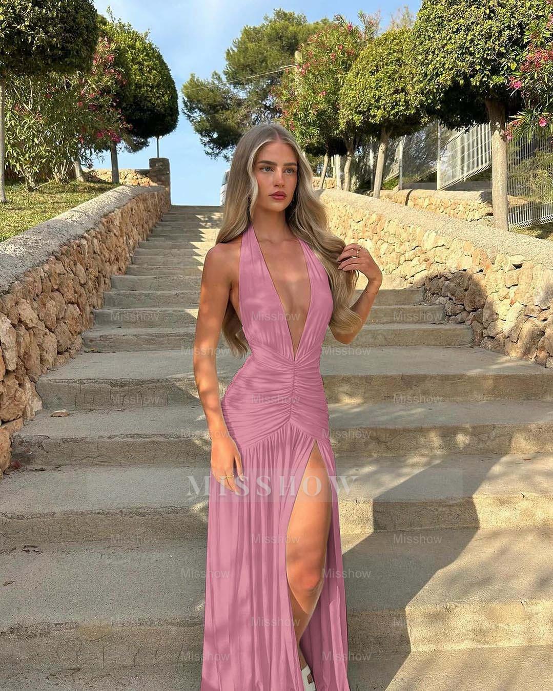 Halter V Neck Sleeveless Long High Split Formal Dress With Pleated