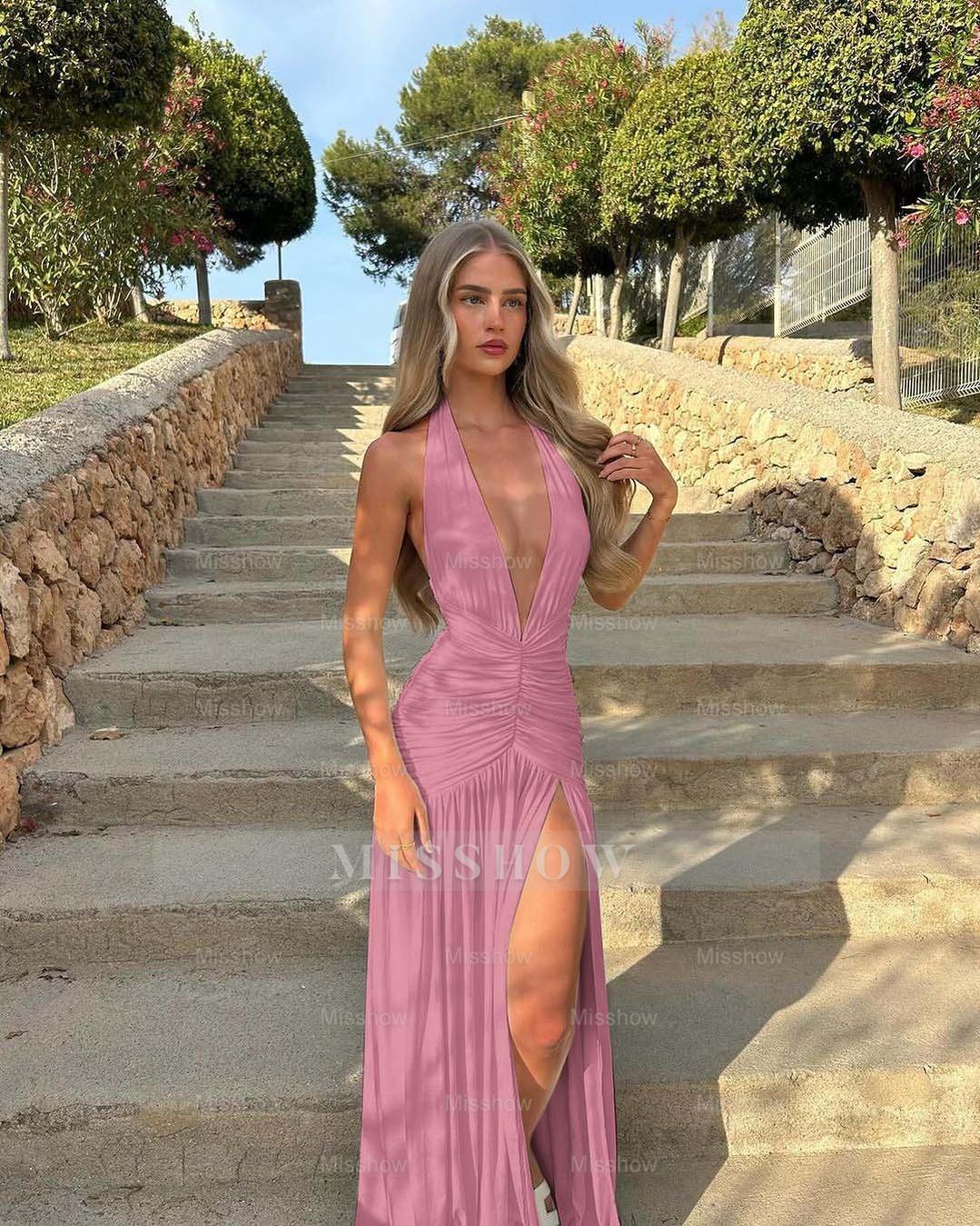 Halter V Neck Sleeveless Long High Split Formal Dress With Pleated