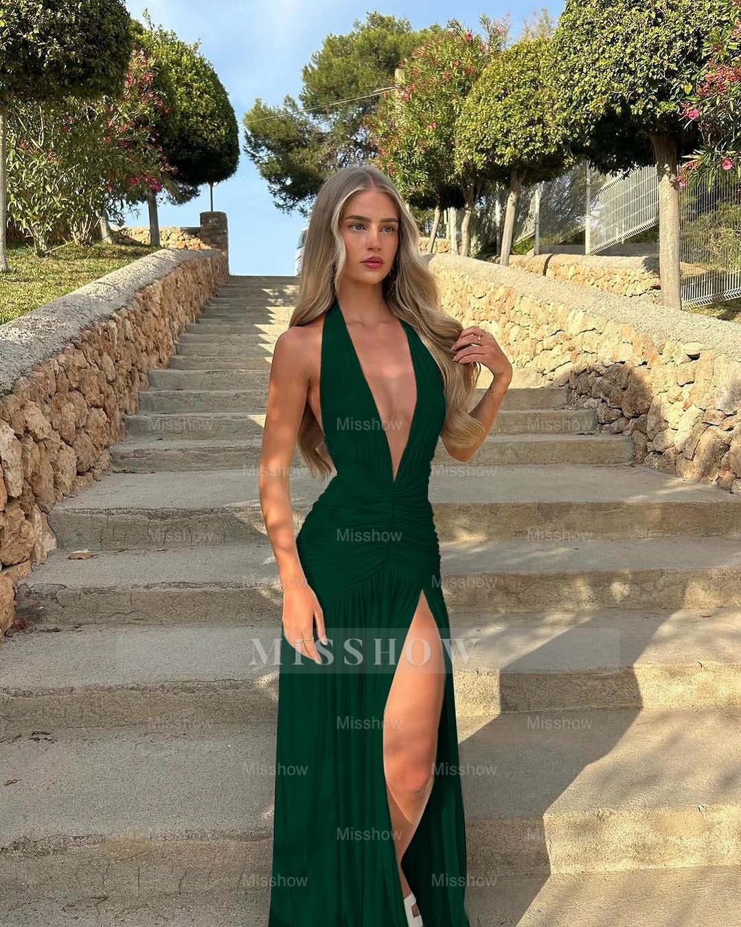 Halter V Neck Sleeveless Long High Split Formal Dress With Pleated