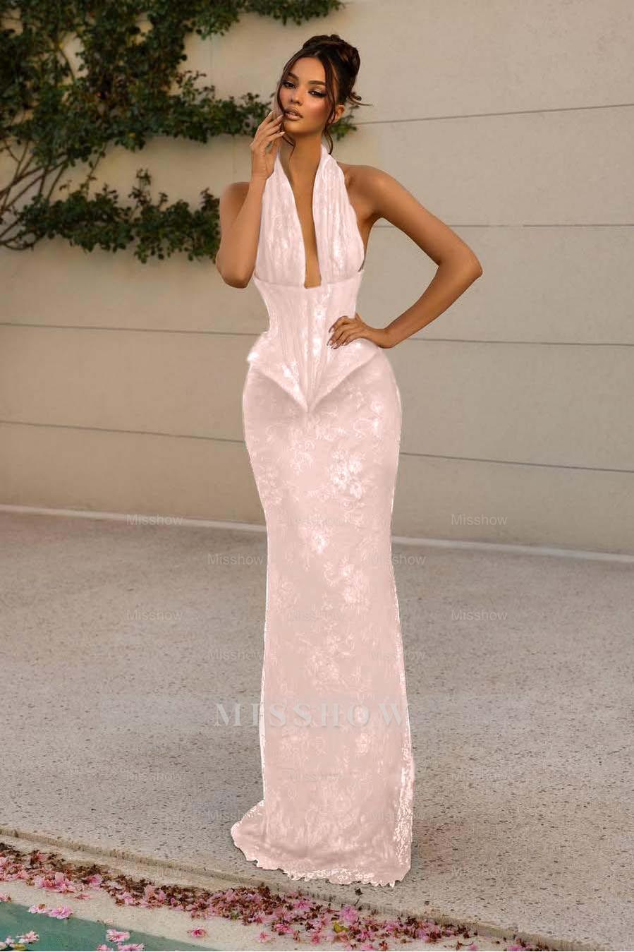 Halter V Neck Sleeveless Long Mermaid Formal Dress With Appliques