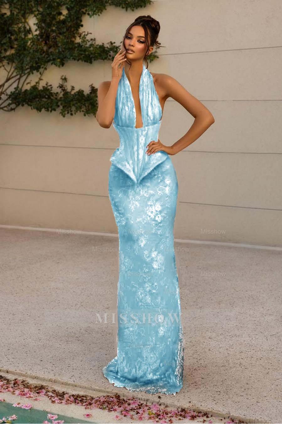Halter V Neck Sleeveless Long Mermaid Formal Dress With Appliques