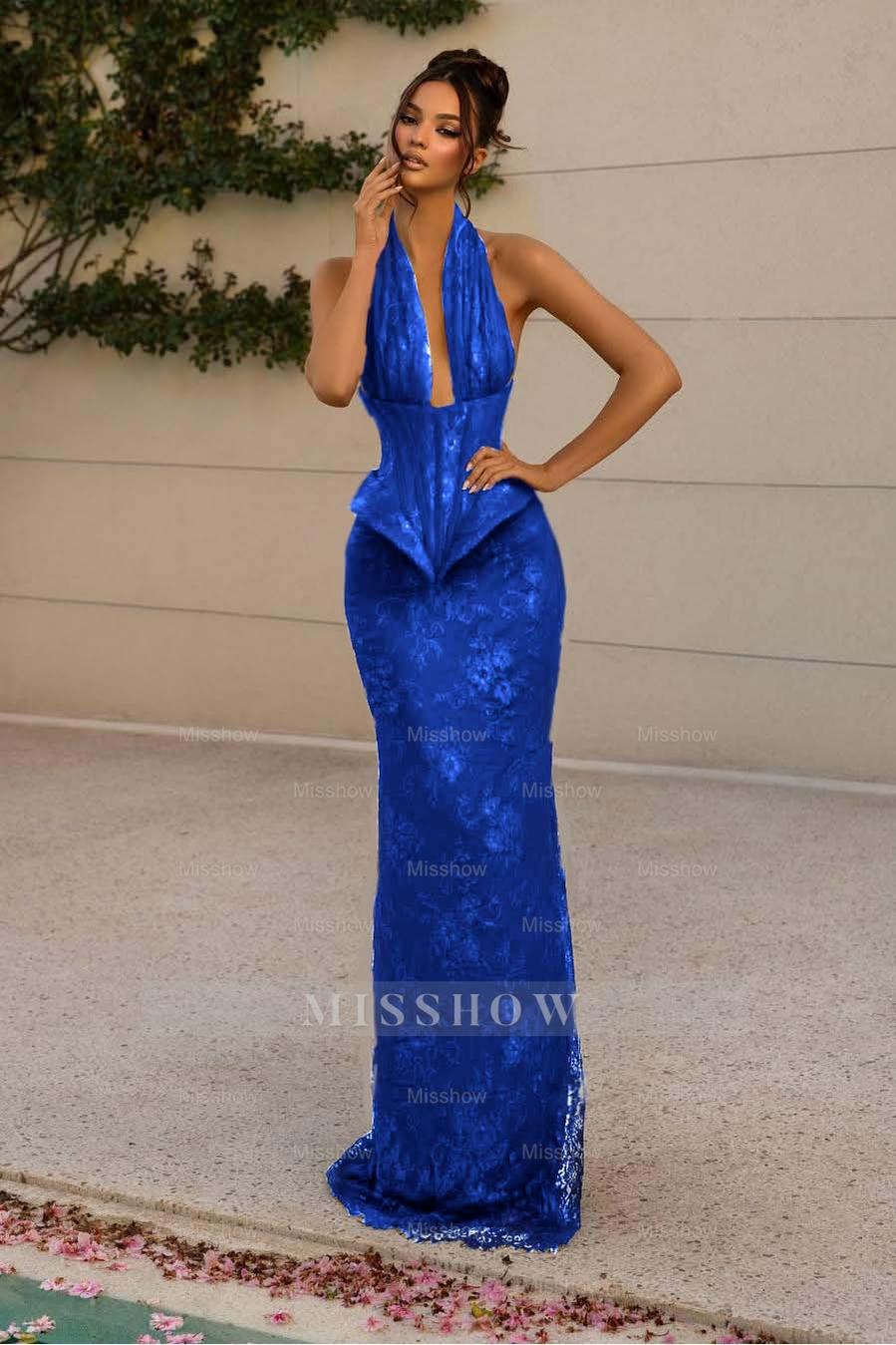Halter V Neck Sleeveless Long Mermaid Formal Dress With Appliques