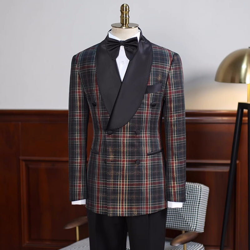 Handsome Black Checkered Shawl Lapel Double Breasted Prom Attire