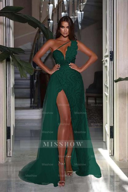 Heavy Sequins Formal Dress Sleeveless One Shoulder With High Slit