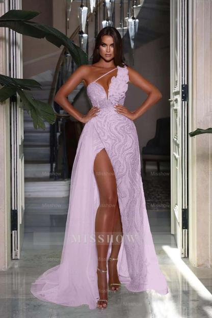 Heavy Sequins Formal Dress Sleeveless One Shoulder With High Slit