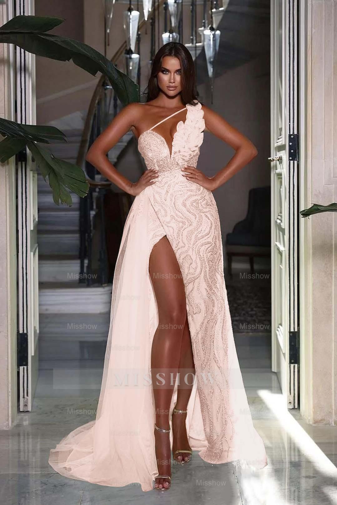 Heavy Sequins Formal Dress Sleeveless One Shoulder With High Slit