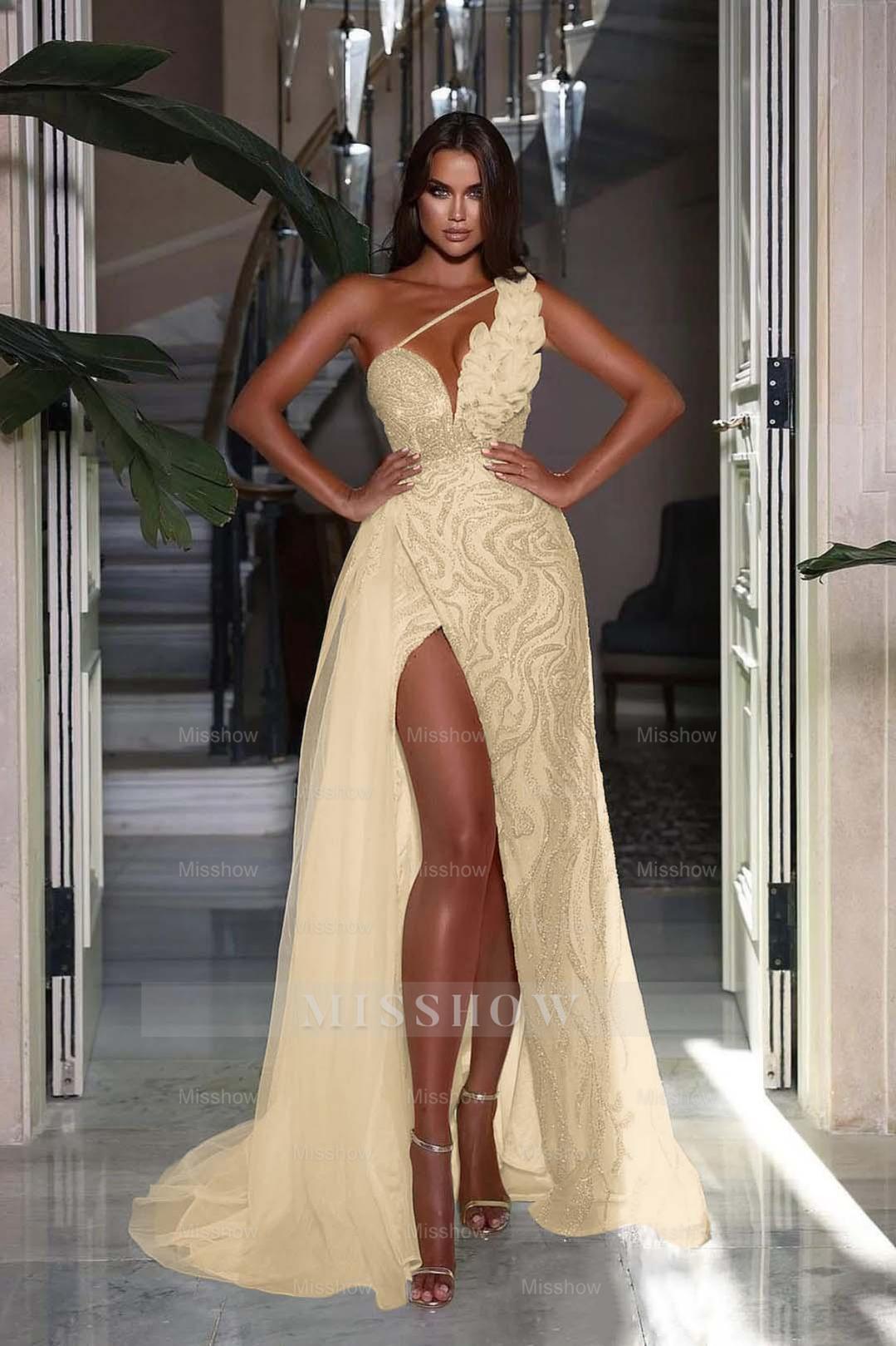 Heavy Sequins Formal Dress Sleeveless One Shoulder With High Slit