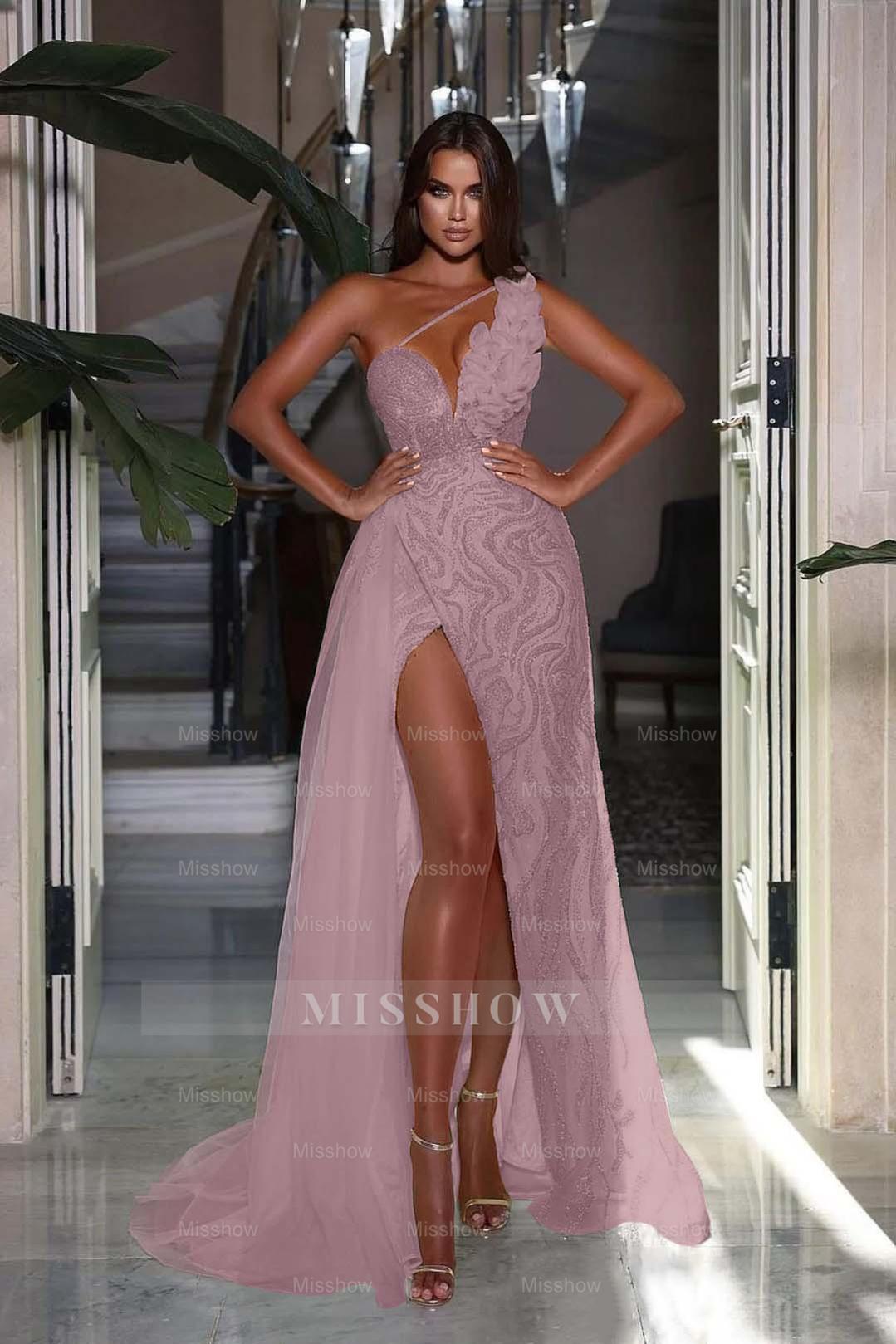 Heavy Sequins Formal Dress Sleeveless One Shoulder With High Slit