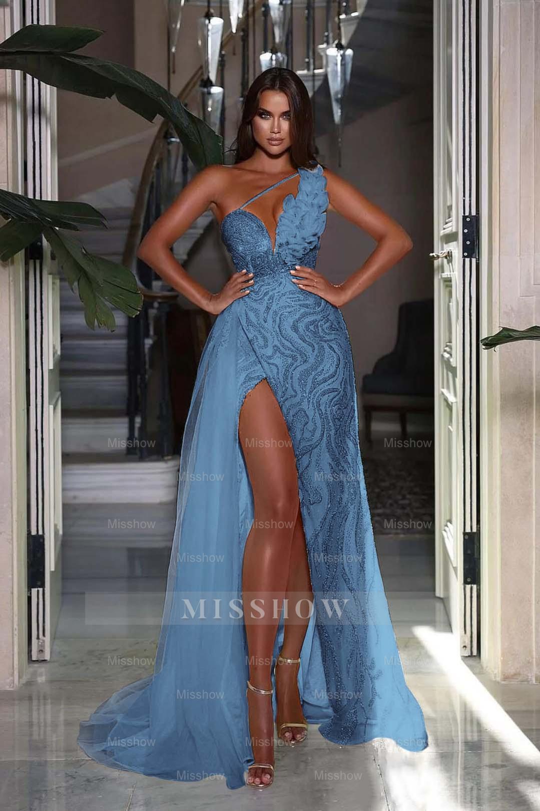 Heavy Sequins Formal Dress Sleeveless One Shoulder With High Slit
