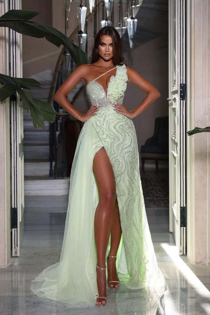 Heavy Sequins Formal Dress Sleeveless One Shoulder With High Slit